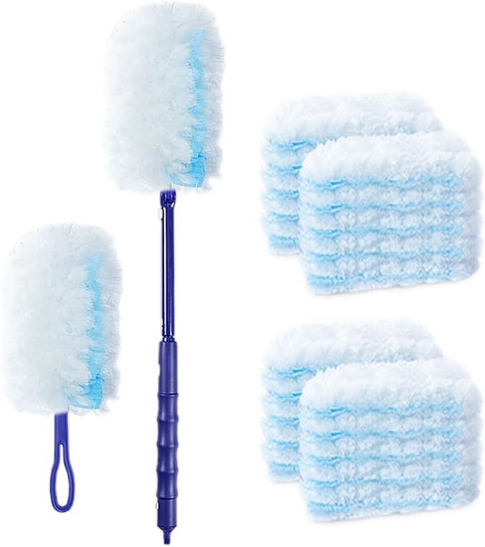 SUZZYVINE Duster Refill 360 Degrees with a Long Handle Plus a Short Handle, 12 Count Duster Refills,Blue and White