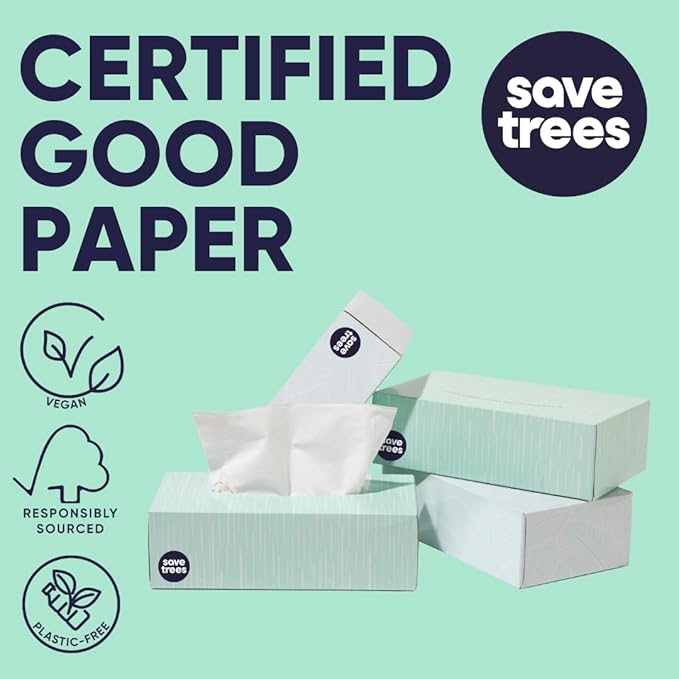 Save Trees Bamboo Facial Tissues - 12 Boxes of Eco-Friendly, 3-Ply Hypoallergenic Tissues, 90 Sheets per Box, FSC Certified, Plastic-Free Packaging, Soft & Gentle for Home Use