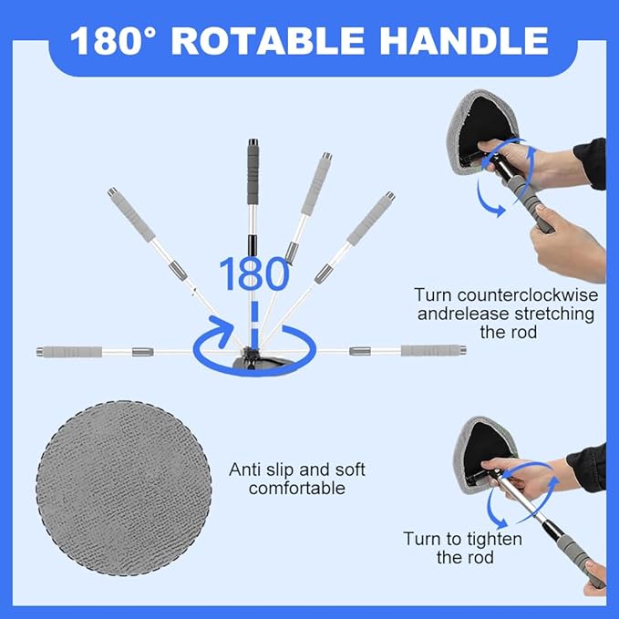 Windshield Cleaning Tool, 2025 New Car Interior Window Cleaning Kit with Extendable Handle, with 3 Towel Pads Windshield Cleaning Tool, Auto Glass Wiper for Windshield, Trucks, SUVs, RVs (Blue)