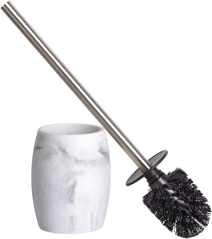 Toilet Bowl Brush and Holder with Stainless Steel Long Handle, Toilet Scrubber Brush with Durable Base, 360° Deep Cleaning Bristles for Bathroom, Compact Set for Small Space (White)