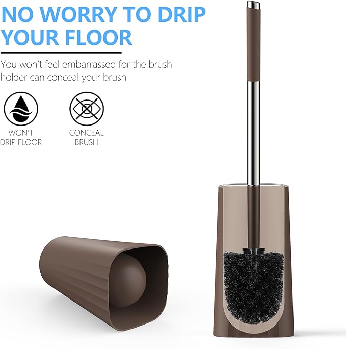 SetSail Toilet Brush, Compact Size Toilet Bowl Brush and Holder Toilet Brushes for Bathroom with Stainless Steel Handle Toilet Cleaner Brush with Durable Scrubbing Bristles, Brown