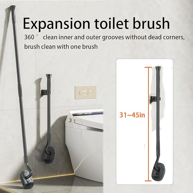 Wall Mounted Long Handle Toilet Brush Set with Holder and 2 Brush Heads Silicone and Stiff Bristle Toilet Bowl Scrubber Bathroom Brush Cleaning Tool for Home