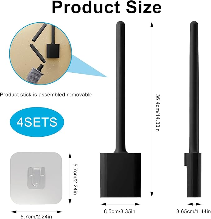 Toilet Bowl Brush and Holder Set, Flexible Silicone Bristles with Detachable Handle, Compact RV and Bathroom Toilet Brush (4 Black)