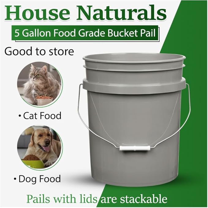 House Naturals 5 Gallon Grey Food Grade Bucket with Black Screw on Lid, BPA Free Container (Pack of 3) Made in USA