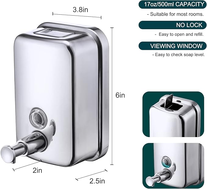 VANNSOO Commercial Soap Dispenser Wall Mount Stainless Steel Manual Liquid Pump Rust-Proof Leak Free for Bathroom (17 fl oz / 500ml)