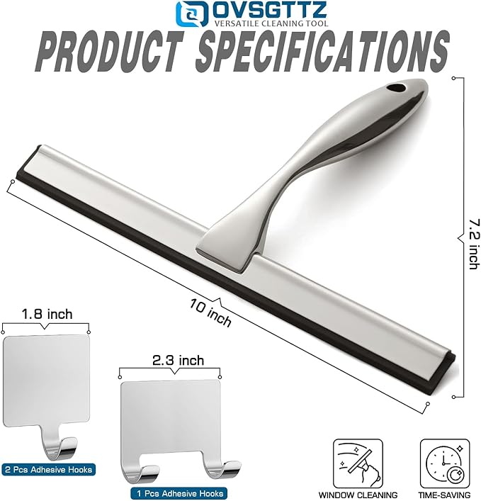 OVSGTTZ Shower Squeegee for Glass Door with 3 Adhesive Hook, Stainless Steel Glass Cleaning Squeegee for Bathroom & Household Window, Mirrors, Tiles and Car, 10 Inches, Clear, Silver
