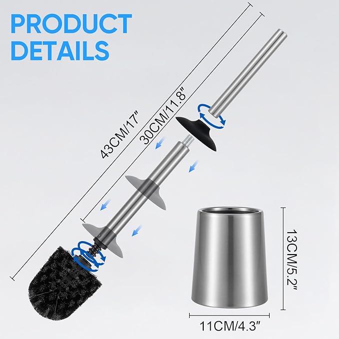 Smartbin Stainless Steel Toilet Brush and Holder Toilet Brush and Cases Bathroom Bowl Cleaning Brush Double Layer Holder Long Brush Handle High Density Bristles Silver