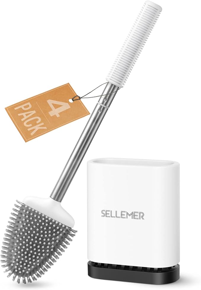 Sellemer Toilet Brush and Holder Set for Bathroom, Flexible Toilet Bowl Brush Head with Silicone Bristles, Compact Size for Storage and Organization, Ventilation Slots Base (4 Pack, Multicolor)