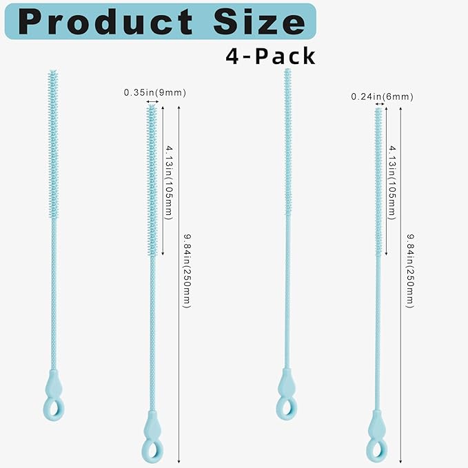 TenderBloom Silicone Straw Cleaner Brush, 4-Piece Reusable Straw Brush Set with Extra-Long Design for Cleaning Thin Metal Straws and Wider Milkshake Straws （6mm+9mm Blue)