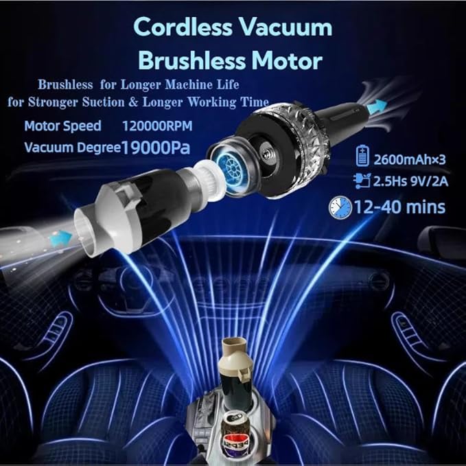 Babluble Portable Cordless Car Vacuum Cleaner Suction Power 19000Pa with Brushless Motor, Handheld Mini Vacuum Cleaner with Multiple Attachments, 3 Suction Modes,Rechargeable (Golden)
