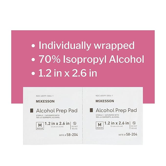 McKesson Alcohol Prep Pads [Pack of 4000] 70% Isopropyl, Individually Wrapped Wipes, Sterile, Medical-Grade, First Aid, Medium, 200 Count, 20 Boxes