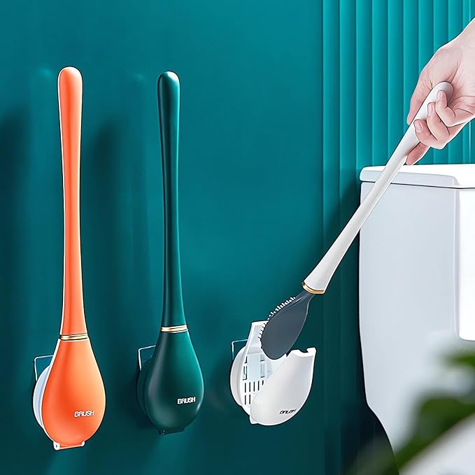 Modern Flexible Silicone Toilet Caspa for Home 2025 Silicone Toilet Wand Bowl Brush and Holder Cleaning Set Wall Mounted Rubber Bathroom Toilet Scrubber Bowl Cleaner Brushes with Dispenser (White)