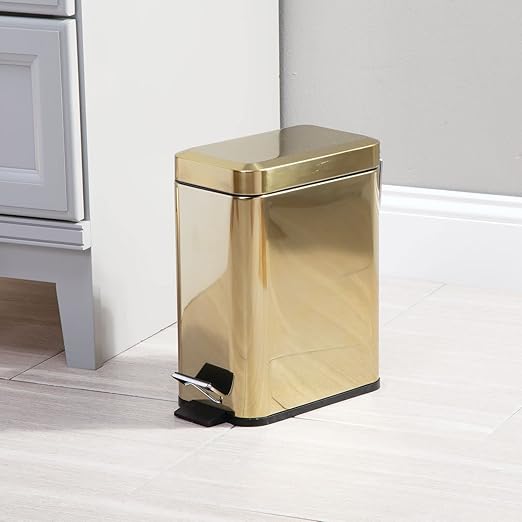 mDesign Metal Freestanding Slim Toilet Bowl Brush and Holder + Rectangle Narrow 5 Liter / 1.3 Gallon Step Pedal Trash Can Wastebasket for Bathroom - Small, Compact Design - Set of 2 - Soft Brass