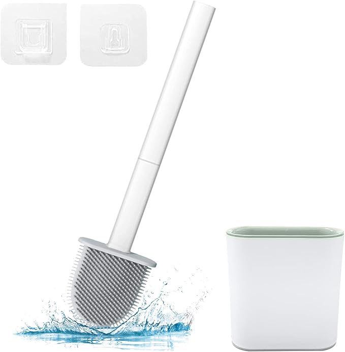 Toilet Brush, Silicone Toilet Bowl Brushes and Holder for Bathroom, Compact Flexible Toilet Cleaner Brush with Ventilated Drying Holder, Wall Mounted/Floor Standing