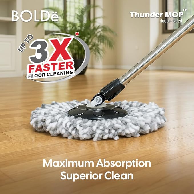 BOLDë Thunder Mop Spin System -Double-Sided- 2 Compact Stackable 6L Buckets, Microfiber Head, Stainless Steel Wringer, Antifungal Quick-Dry Cleaning, Soap Dispenser, 3 Free Refills (Lime/Forest Green)