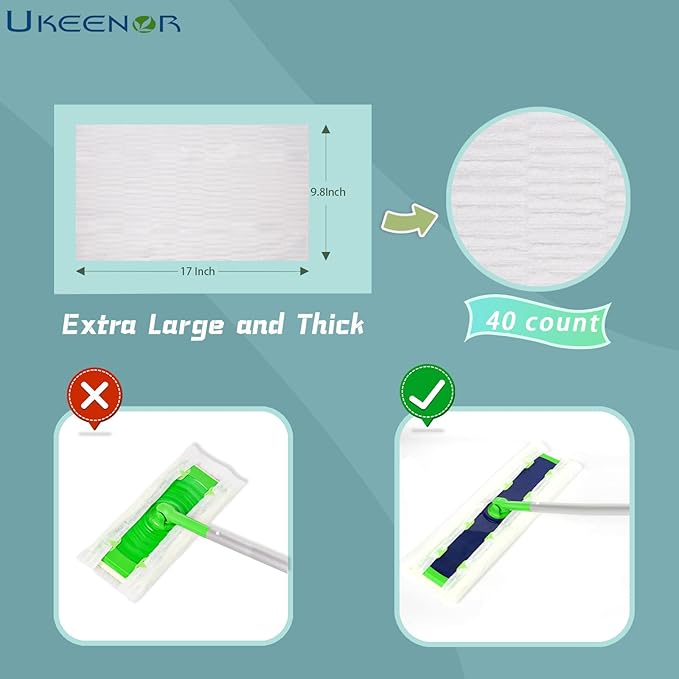 UKEENOR XL Dry Mop Refills 40 Counts Disposable Dusting Cloths Dry Sweeping Refills Dry Duster Cloths Mop Pads Floor Cloth Refills Electrostatic Cloths 9.8"x17" Extra Thick and Large
