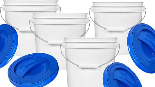 House Naturals 2 Gallon Plastic Food Grade BPA Free Made in USA Buckets with Blue Screw On Lids (Pack of 4)