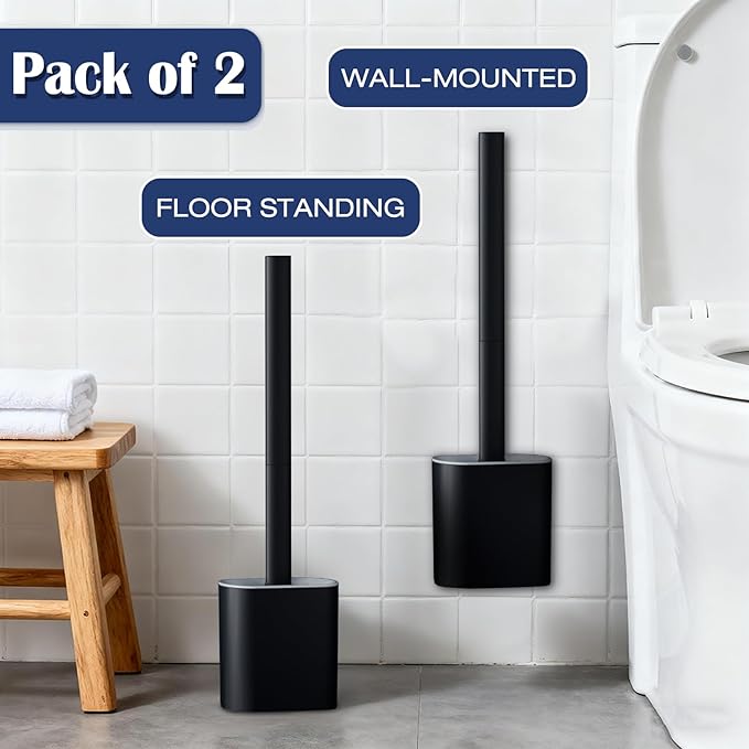 Pesilo Toilet Brush and Holder Set, Wall Mounted Toilet Bowl Brush Head with Silicone Bristles, 2 Pack Black Compact Size for Storage and Organization Scrub Brush for RV Bathroom Accessories