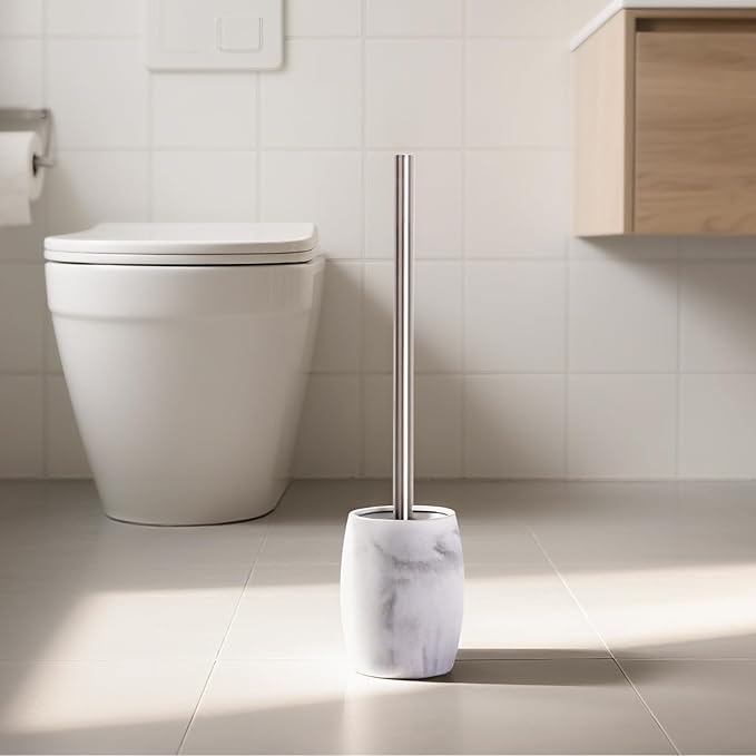 Toilet Bowl Brush and Holder with Stainless Steel Long Handle, Toilet Scrubber Brush with Durable Base, 360° Deep Cleaning Bristles for Bathroom, Compact Set for Small Space (White)