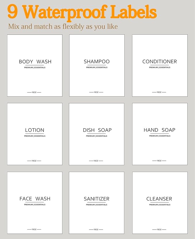 Frosted Plastic Shampoo and Conditioner Bottles, Apothecary Dispenser Bamboo Pump, Refillable Bottles for Shower Lotion, Oil, Hand Soap, Sanitizer, Liquid Soap, Set of 3 with 9 Labels (3, Matte Clear)