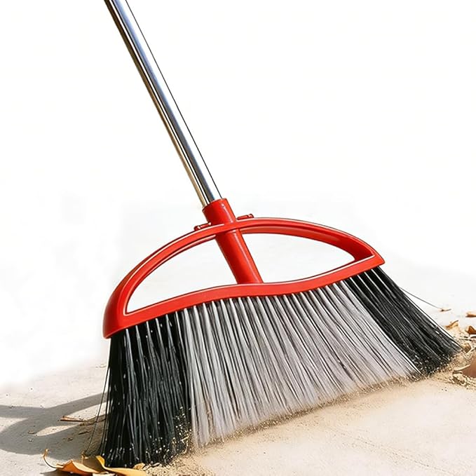 MuLing Heavy Duty Outdooor Broom - 15.7" Wide Broom with Wide Angle Design, Long Handle & Powerful Stiff Bristles for Patio, Garden, Garage, Yard (Red)