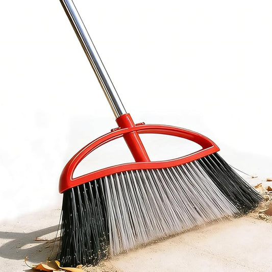 MuLing Heavy Duty Outdooor Broom - 15.7" Wide Broom with Wide Angle Design, Long Handle & Powerful Stiff Bristles for Patio, Garden, Garage, Yard (Red)
