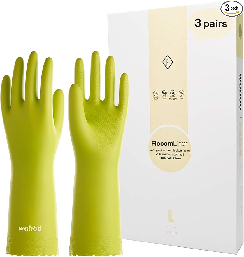 wahoo 3 Pairs Skin-Friendly Cleaning Gloves, Cotton Flocked Lined Dishwashing Gloves, Reusable, Non-Slip, Waterproof, Bud Tender, Medium