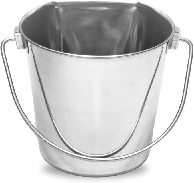 6 Quart Stainless Steel Flat Side Bucket | Durable Heavy Duty Food & Water Feeding Pails for Dog Cat Goat Sheep | Fits kennels Cages Critter Crates Hanging Pet Pail | Multipurpose Buckets