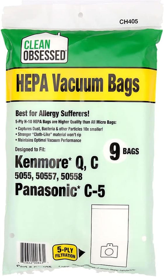 Clean Obsessed H-10 HEPA Bags Replacement For Kenmore Canister C/Q 50555, 50557, 50558 & Panasonic Type C-5 - (9 Bag Pack)