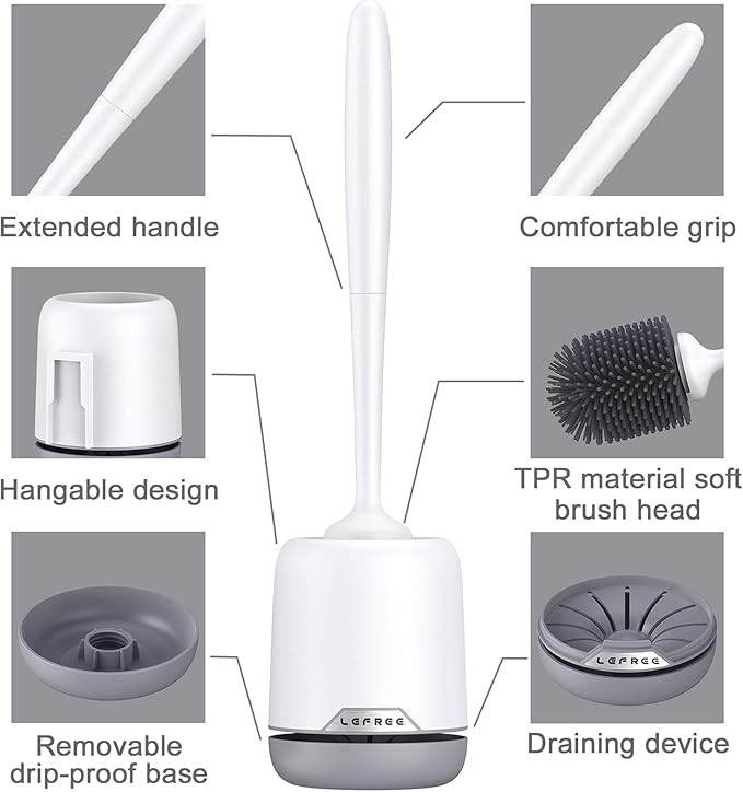 Lefree Toilet Brush and Holder Set, Silicone Brush with Ventilated Holder, Toilet Brush Set for Bathroom, Floor Standing & Wall Mounted Toilet Scrubber Without Drilling