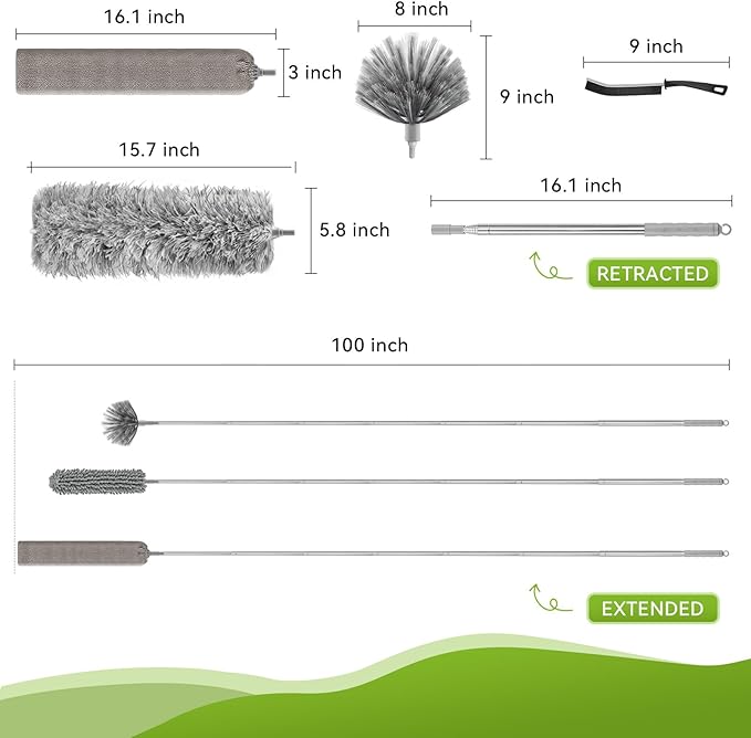 MimAuto 100-inch Duster with Extension Pole, 9-in-1 Cobweb Duster Kit Includes Spider Web Brush & Flat Gap Cleaner for High Ceiling, Fan, Under Appliances, Car, Home Deep Cleaning