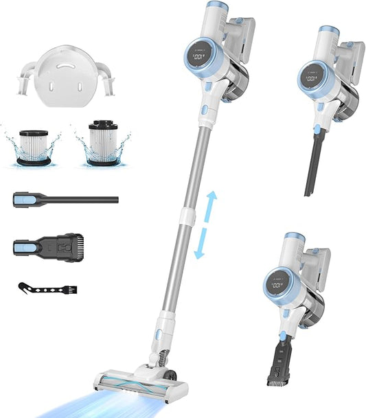 Cordless Vacuum Cleaner, 500W 45Kpa Vacuum Cleaners for Home, 6-in-1 Stick Vacuums with LED Touch Screen, Rechargeable Cordless Vacuums for Pet Hair Carpets Hard Floors, 1.0L Dust Cup