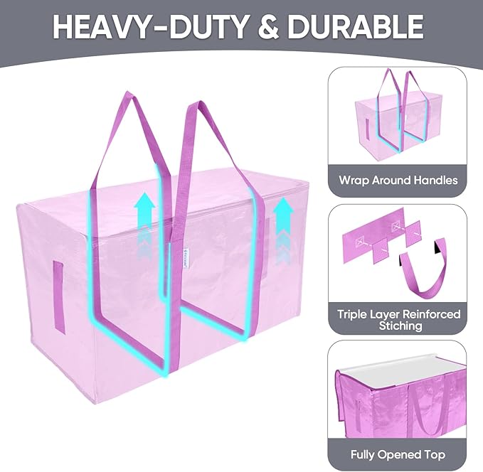 TICONN 8 Pack Extra Large Moving Bags with Zippers & Carrying Handles, Heavy-Duty Storage Tote Moving Boxes for Space Saving (8 Pack, Pink)