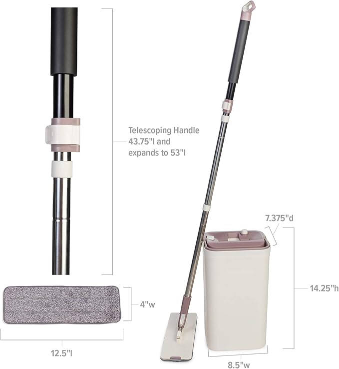 JFB Home Products Micro Flat Mop & Bucket System, Hands-Free Wringing Floor Cleaning, 3 Washable & Reusable Microfiber Pads, Wet or Dry Usage on Wood, Marble, Tile, Laminate, Ceramic and Vinyl Floors