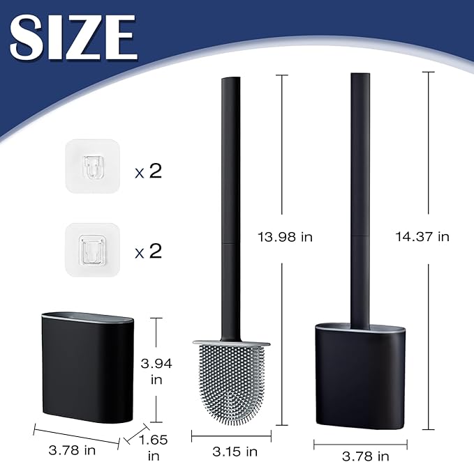Pesilo Toilet Brush and Holder Set, Wall Mounted Toilet Bowl Brush Head with Silicone Bristles, 2 Pack Black Compact Size for Storage and Organization Scrub Brush for RV Bathroom Accessories