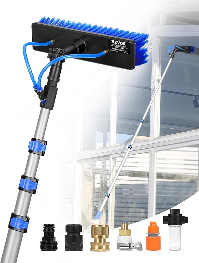 VEVOR Water Fed Pole Kit, 12FT Solar Panel Cleaning Pole with Extendable Handle, 180° Rotatable Brush Head & 65.6FT Hose, Household & Outdoor Window Cleaner Tool for Caravan Solar Panel Deck