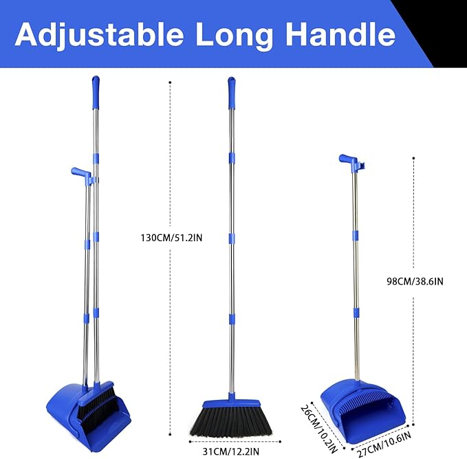 XXFLOWER Broom and Dustpan Set, Long Handle Lightweight Dustpans with Broom Combo for Home, Indoor&Outdoor Sweeping for Home Room Kitchen Office Lobby (Dark Blue)