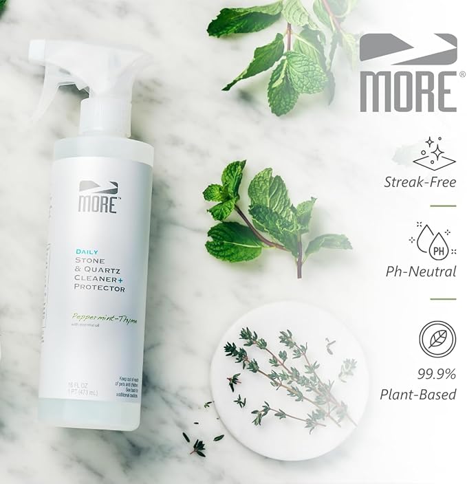 MORE Stone & Quartz Cleaner + Protector - Water-Based Surface Spray - Granite, Quartz & Marble Cleaner - For Kitchen & Bathroom Countertops & Floors - Peppermint-Thyme Essential Oil - Pint (16oz)