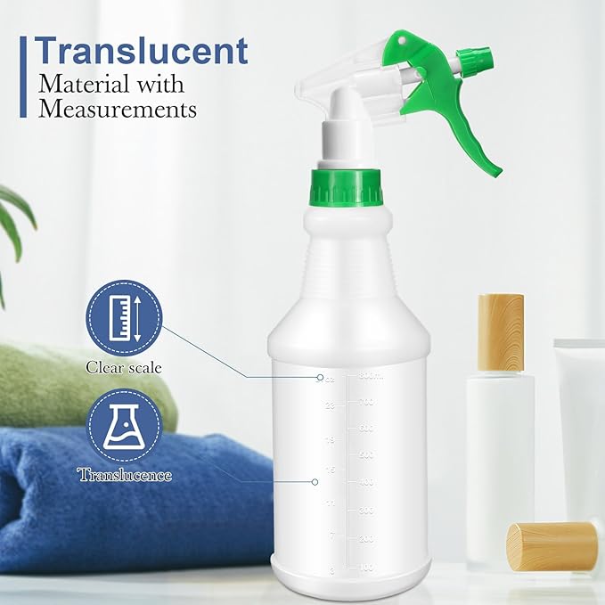 Zubebe 24 Pack 32 oz Plastic Spray Bottle Bulk Empty Leakproof Heavy Duty Spray Bottles for Cleaning Supplies Mist Bottles with Label and Adjustable Nozzle for Plant(Green,Clear Scale)