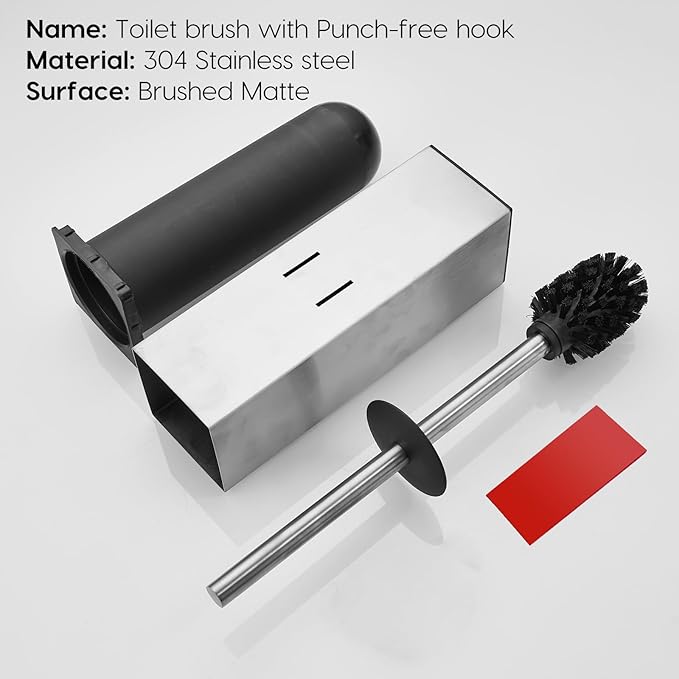 Brushed Gold Stainless Steel Toilet Brush, Square No-Punch Hook Base Toilet Brush Holder Removable Inner Bucket and Splash Proof Cover - Soft Bristles (Non-Drill Square Plastic caps Brushed)