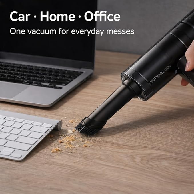 Mottinhill Handheld Vacuum Cordless with High Power Suction, Car Vacuum Portable Cordless, 3-Speed Control Mini Car Vacuum Cleaner for Car, Home & Office, USB-C Rechargeable, Transparent Black – D120