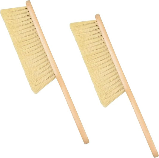 2 Pieces Woooden Dust Brush Hand Broom Bench Brush with Long Wood Handle Whisk Broom Soft Bristle Brush for Counter Bed Sofa Car Fireplace Clothes Household Cleaning (Beige)