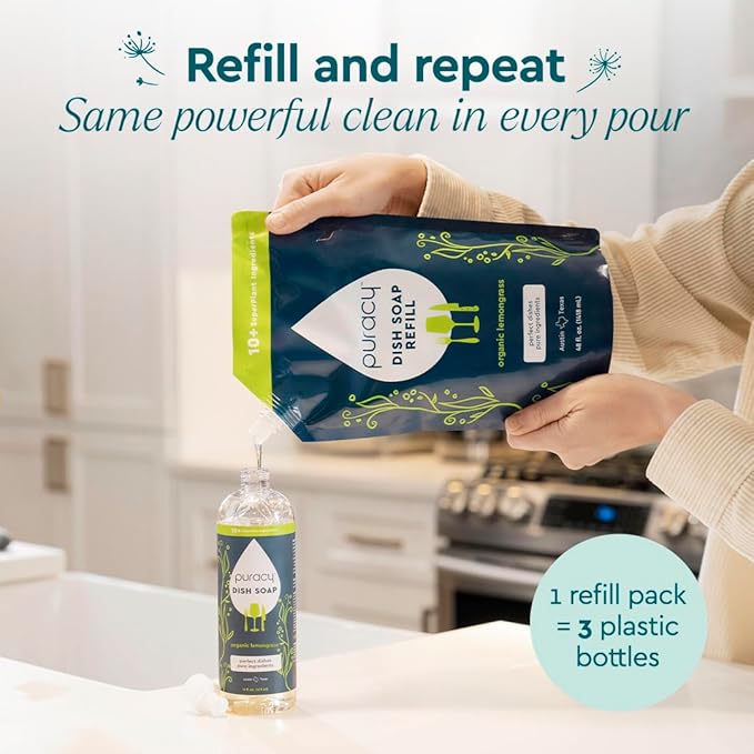 Puracy Natural Dish Soap Refill - Skin-Softening Plant-Based Liquid Dishwashing Detergent Soap, Clean-Rinsing Water-Sheeting Formula (Organic Lemongrass, 48 fl oz)
