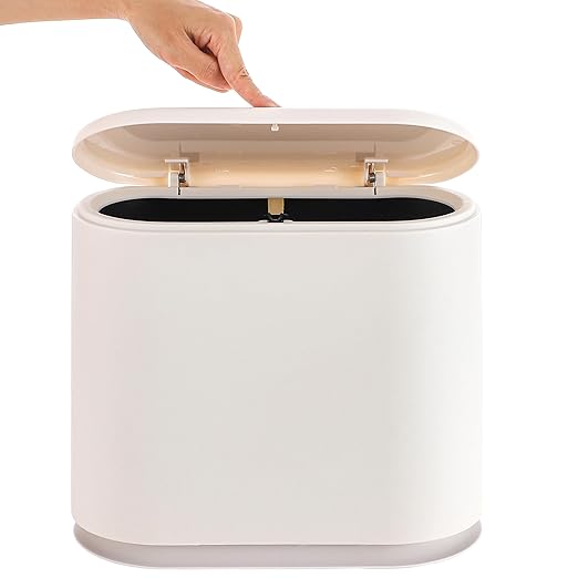 White Slim Rectangular Plastic Trash Can with Press Type Lid,12 Liter / 3.2 Gallon Narrow Trash Bin with Pop-up Lid for Toilet,Bedroom,Bathroom,Office,Kitchen,Powder Room