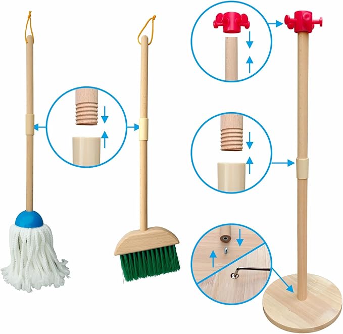 PetGlobal Kids Cleaning Set, 8 Pack Wooden Housework Cleaning Includes Broom Mop Duster Dustpan Brushes Rag and Organizing Stand, Solid Beech Wood , Cleaning Toys Gift for Toddlers Girls Boys Age 3-8
