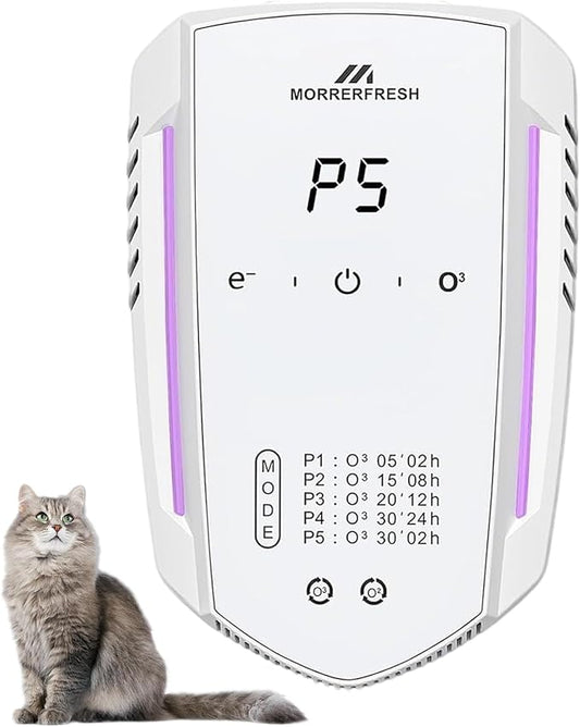 Morrerfresh Cat Litter Deodorizer & Pet Odor Eliminator for Home, Ozone Air Purifier Plug in for Strong Dog Poof, Litter Box Deodorizer with 5 Mode for Smoke, Wardrobe, Garage, Car