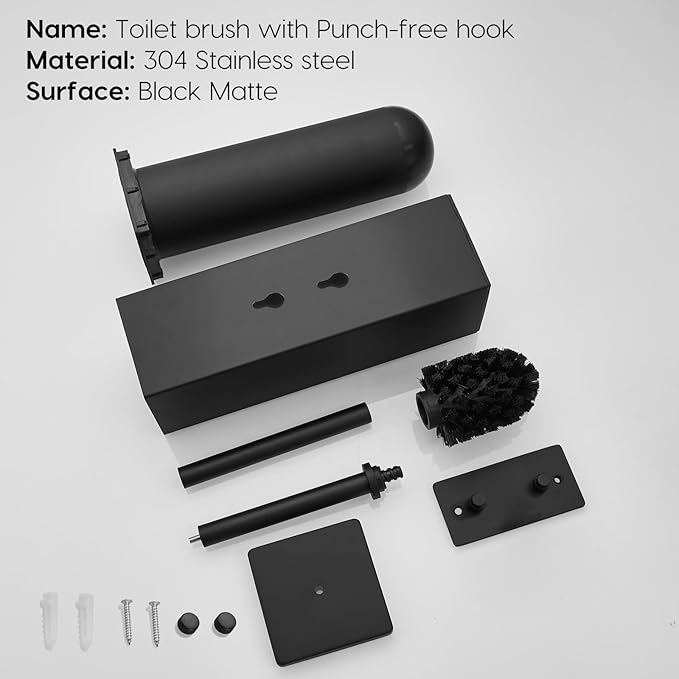 JOVYXIE Black Stainless Steel Square Toilet Brush with Metal Lid Dual-Use Toilet Brush Holder with Drilled + Drill-Free Hook Base Includes Removable Inner Bucket (Black)