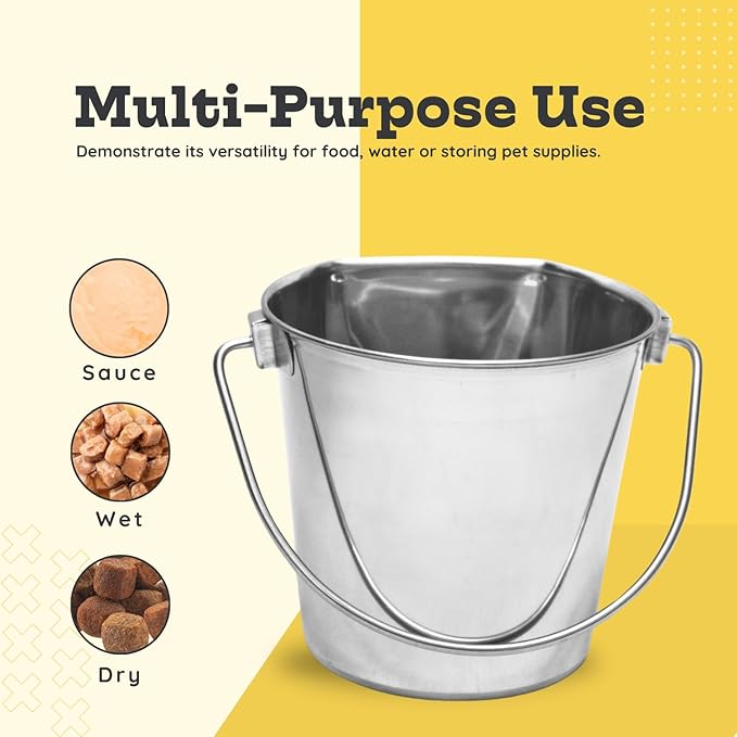 4 Quart Stainless Steel Flat Side Bucket | Durable Heavy Duty Food & Water Feeding Pails for Birds Dogs Cat Goat | Fits kennels Cages Critter Crates Hanging Pet Pail | Multipurpose Bucket