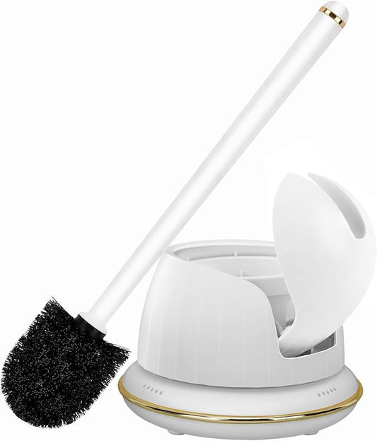 Gold and White Toilet Brush Set with Ergonomic Solid Long Handle, Auto-Opening Base, and Ventilated Base - Great for Bathroom and Toilet Cleaning, White and Gold Bathroom Accessories