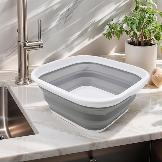 SAMMART 5.5L (1.4 Gallons) Collapsible Tub - Foldable Dish Tub - Portable Washing Basin - Space Saving Plastic Washtub (White/Grey, 1)